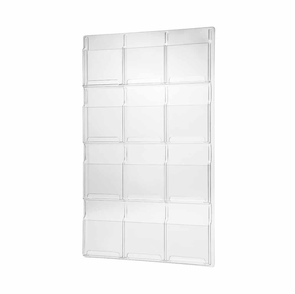 670039.1 Brosjyreholder i støtsikker akryl. Format 12 x A4. Fylldybde 48mm. Bredde 762mm. Høyde 1245mm
